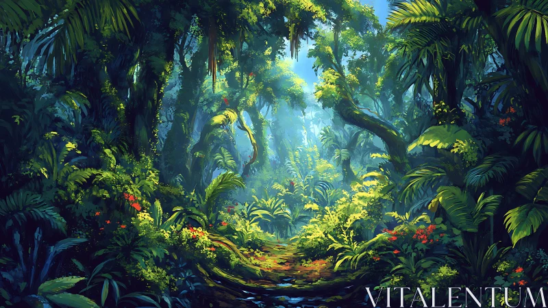 Tropical forest canopy pathway with diffused sunlight penetration.