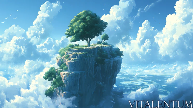 Floating Stone Cliff Island with Ancient Tree Above Clouds.