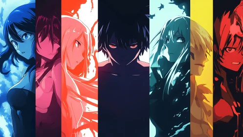 Chromatic anime ensemble divided by bold vertical light bands.