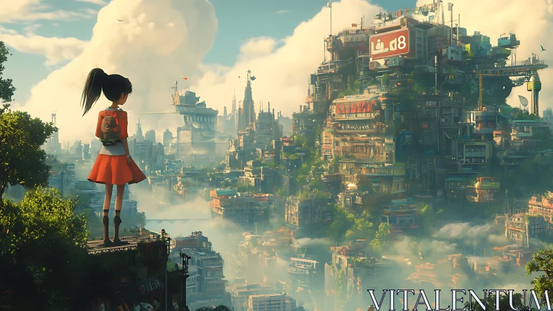 Girl surveys layered sci‑fi megacity in luminous morning haze.