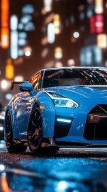 Sleek blue sports car glows against vibrant neon city lights