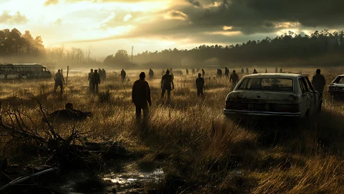 Figures crossing abandoned field with wrecked cars at dusk.