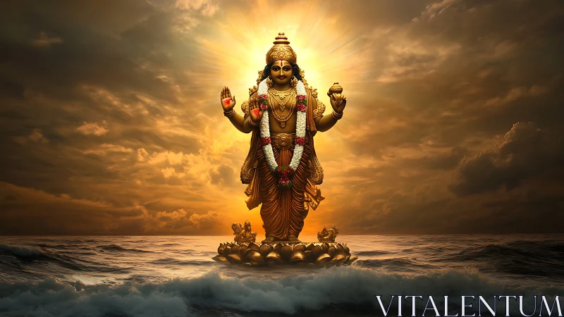 Rendered deity figure stands over ocean under radiant sky
