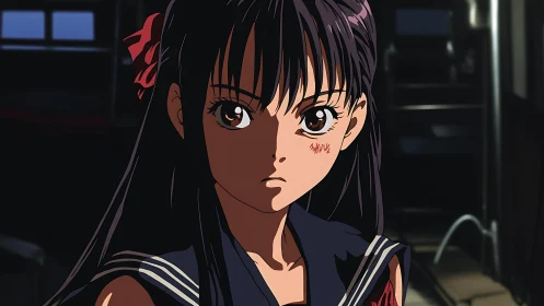 Intense anime schoolgirl portrait in shadowed interior.