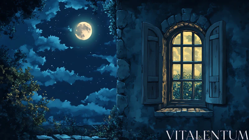 Moonlit stone cottage window glows with warm interior light