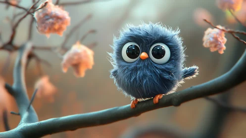 Adorable fluffy blue cartoon bird perched on branch, digital art.