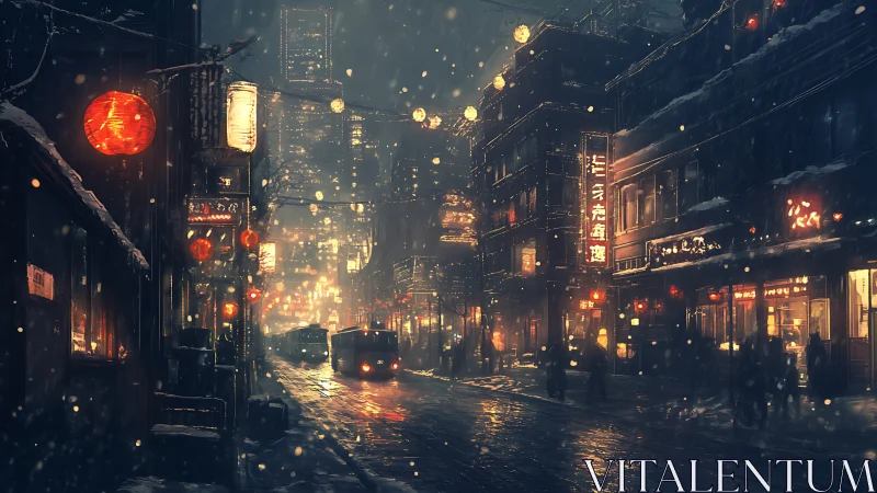 Snowy city street shows neon lights, buses and pedestrians