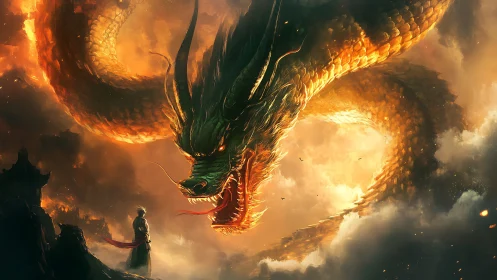 Gentle hero meets roaring sky dragon in molten twilight.