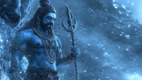 Divine blue warrior stands calm amid swirling icy mist.