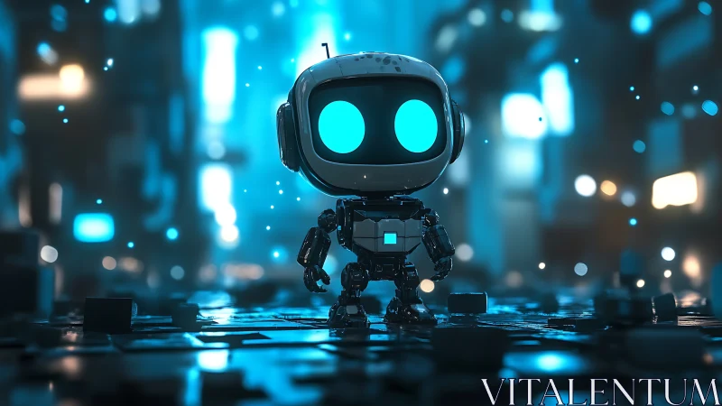 Luminescent micro-robot avatar in reflective neon alleyway.