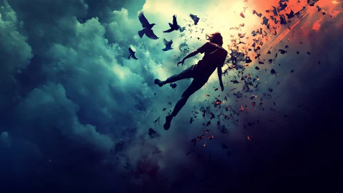 Silhouetted figure ascends through fragmented sky and birds