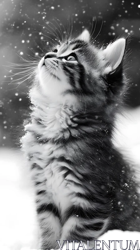 Fluffy Cat Gazing Upward in Luminous Snowfall Scene