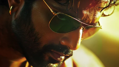 Intense bearded profile in golden cinematic close-up portrait.