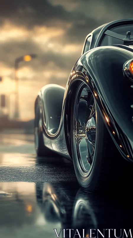 Chrome phantom coupe cruising through stormlit asphalt dusk.