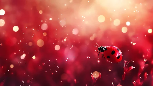 Ladybug hovers above red plants against glowing bokeh field.