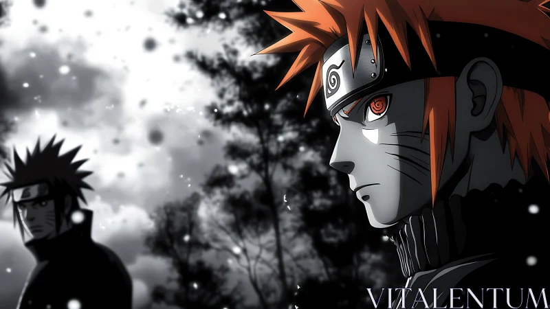 Anime duel portrait isolates two warriors in dramatic chiaroscuro