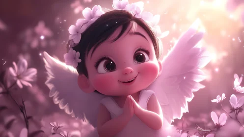 Cartoon baby angel smiles with folded hands among flowers