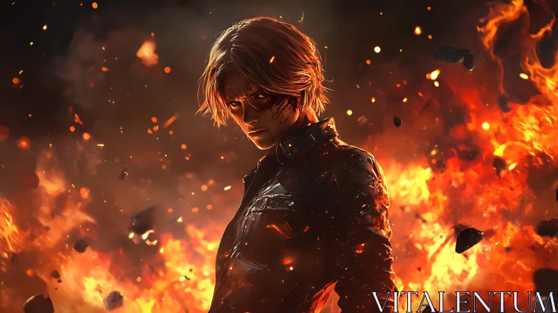 Battle-worn figure standing in intense surrounding flames.