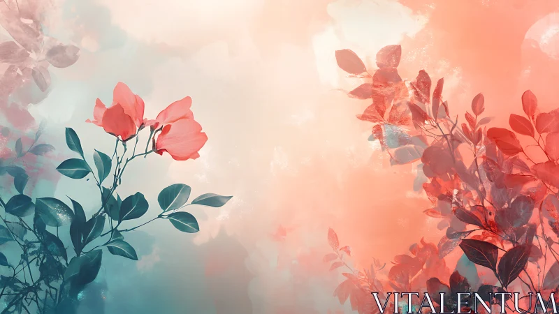 Ethereal Floral Gradient: Rose Blooms Against Warm Peachy Teal Synthesis