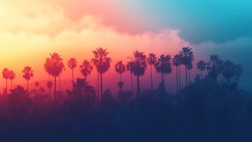 Neon sunset sky over silhouetted palm tree landscape.