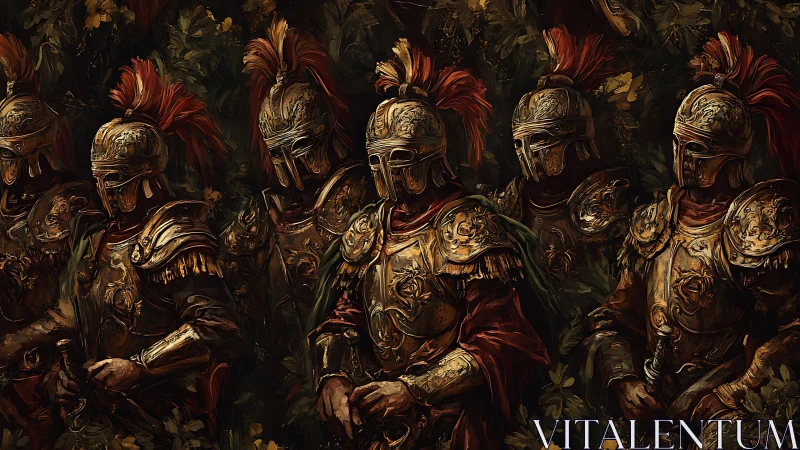 Row of armored knights in ornate gold helmets and plumes.