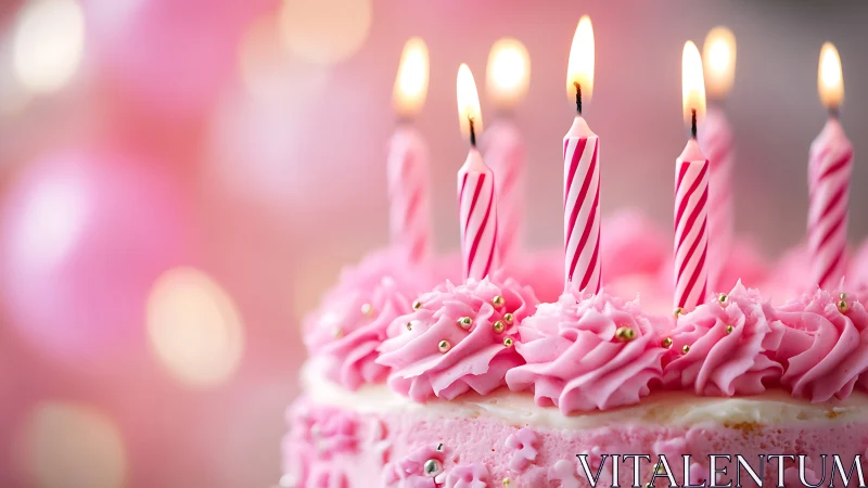 Pink Birthday Cake with Lit Candles and Bokeh Background.