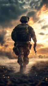Lone soldier advances through burning battlefield at dusk