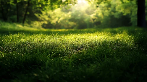 Sunlit grassy meadow in a lush, tranquil forest setting, soft focus.