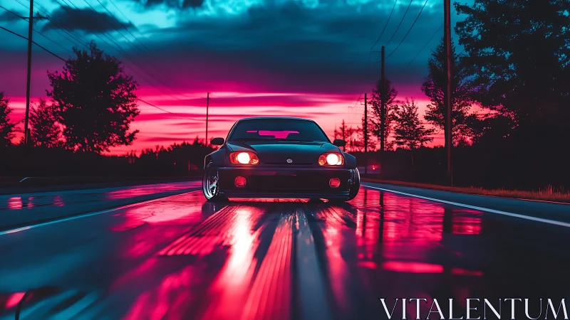 Sports car on wet highway under neon pink sunset sky.