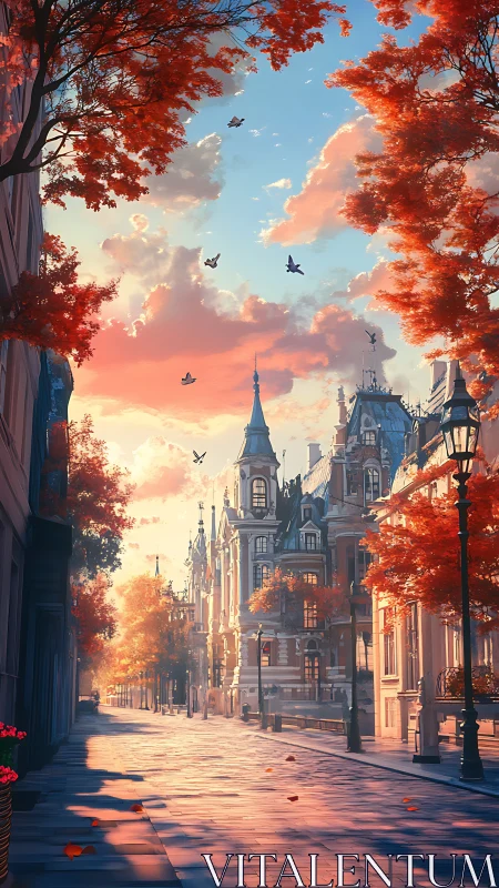 Autumn city boulevard with Neo-Gothic facades at golden hour