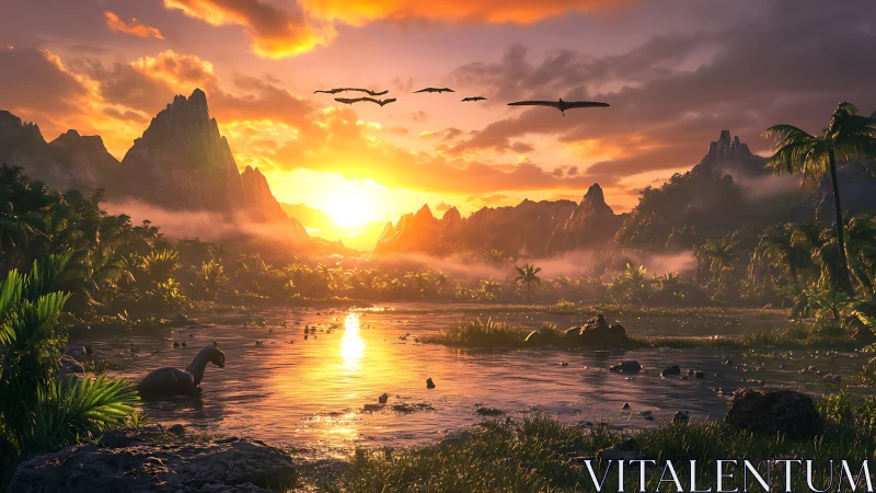 Prehistoric river valley shows dinosaurs at vivid sunset