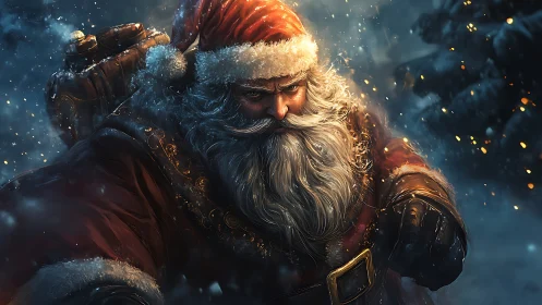 Santa Claus portrait shows intense expression in snowy night