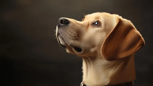 Golden labrador profile in soft studio rim lighting portrait.