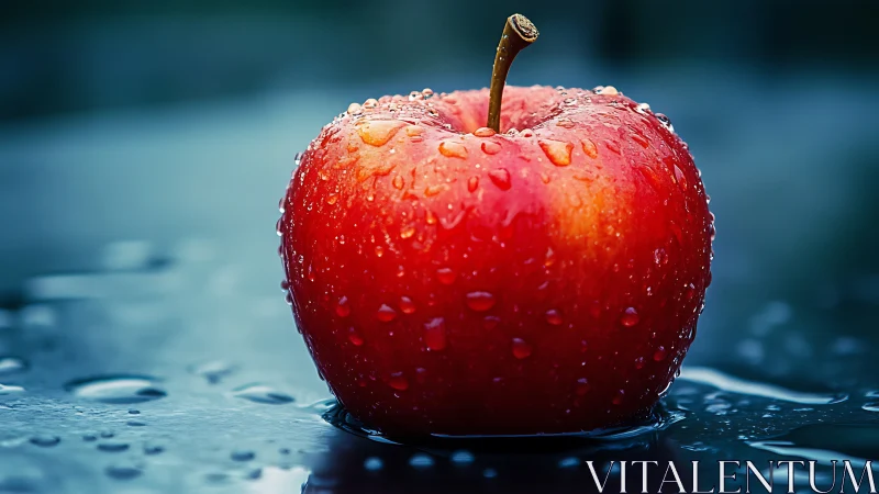 Macro red apple with water droplets in cinematic lighting.