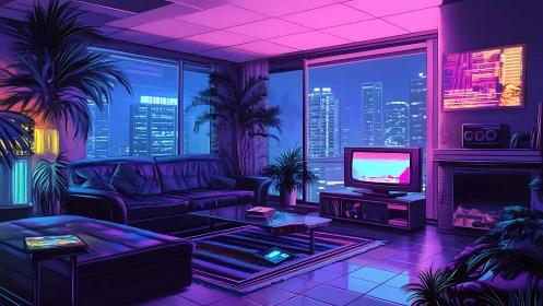 Neon lit high rise living room overlooking city skyline.