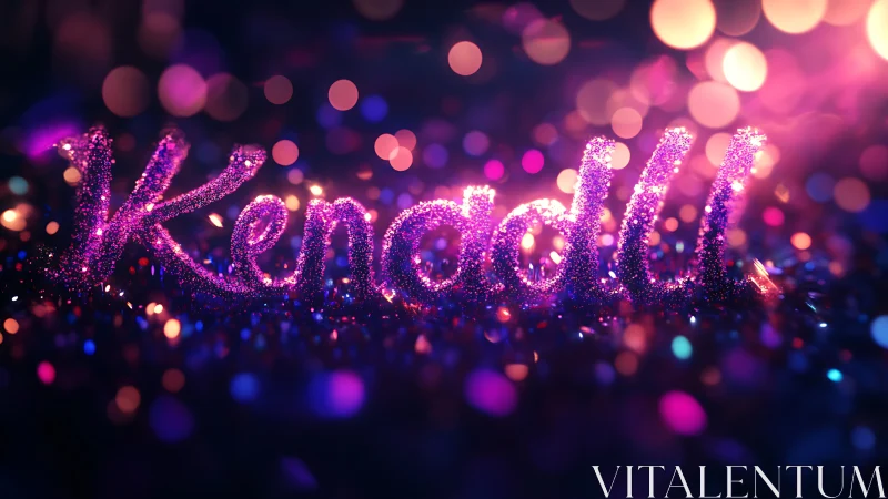 Glittering neon Kendall text glows amid vibrant bokeh lights