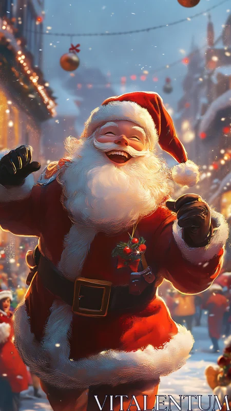 Joyful Santa strolling through a sparkling winter street.