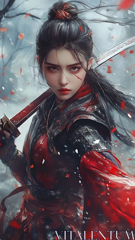 Stormbound warrior in crimson armor amid swirling petals.
