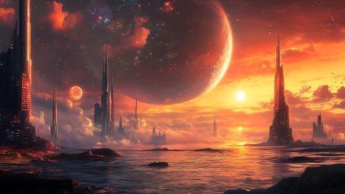 Futuristic coastal megacity glows under colossal alien planet