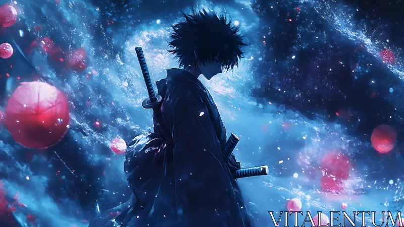 Solitary anime swordsman in glowing blue cosmic storm.