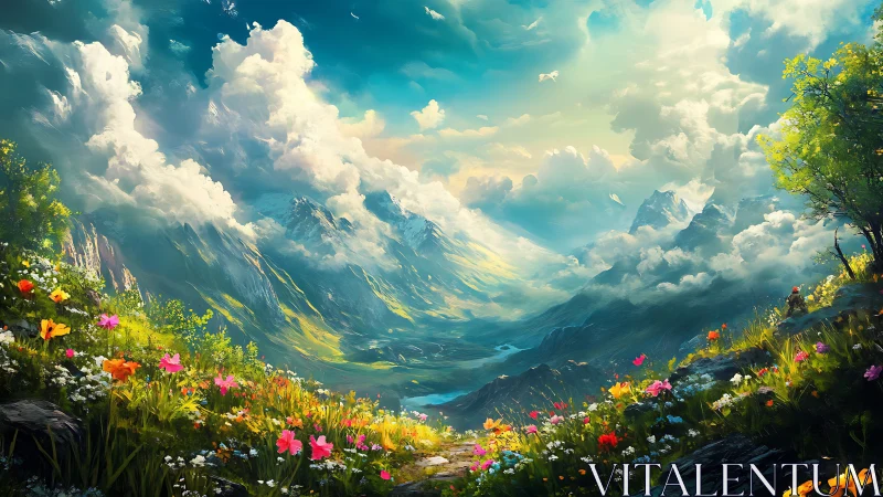 Vibrant alpine valley with wildflower meadow and clouds.