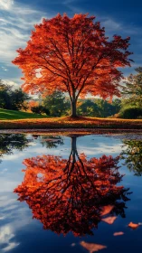 Fiery autumn maple glows over a glassy reflective pond