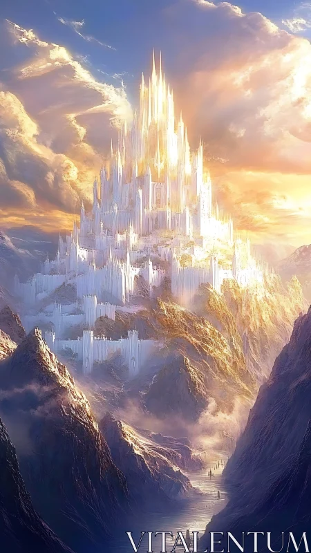 Luminescent citadel ascends above glacial peaks in ethereal light