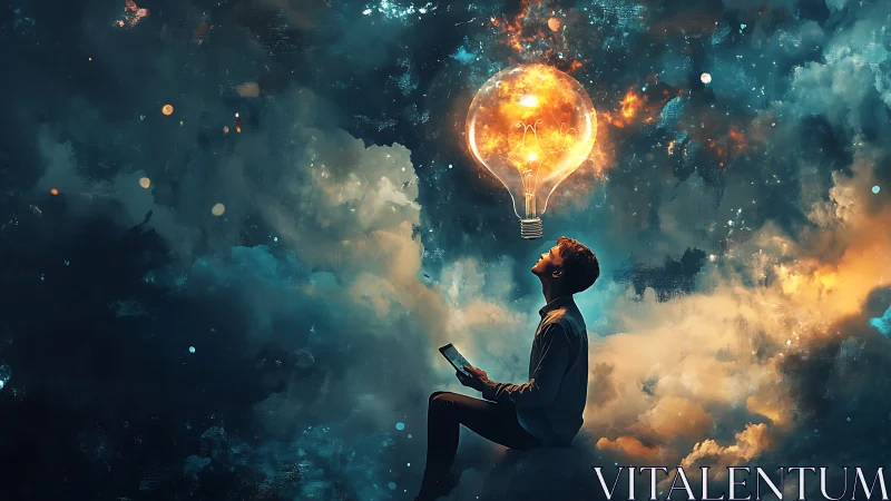 Dreamy night reader under a glowing cosmic lightbulb.