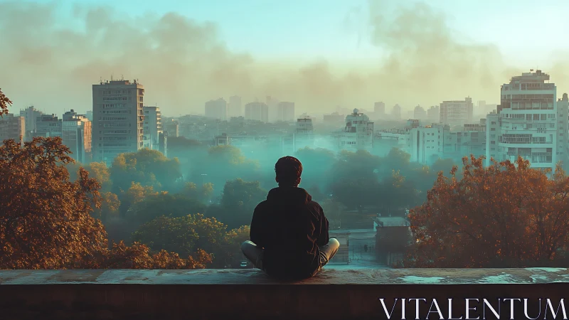 Solitary figure contemplates a misty city at sunrise