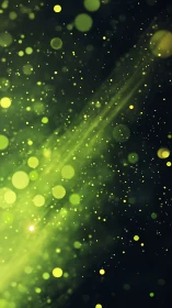 Green particle bokeh with soft light streaks on black background.