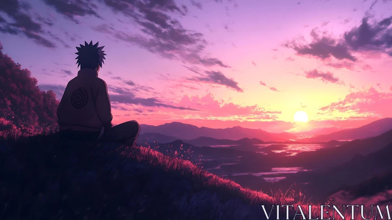 Solitary anime figure contemplates a radiant valley sunset.