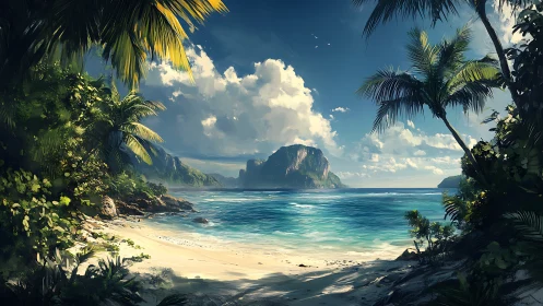Tropical Paradise Cove Framed by Palm Trees and Mountains