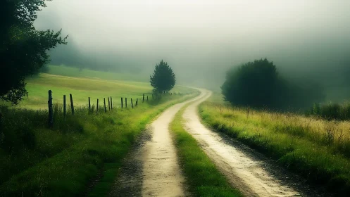 Photorealistic misty country lane with soft atmospheric depth.