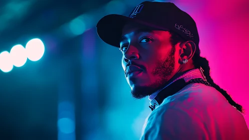 Chromatic side-lit portrait under cyan-magenta bicolor wash.